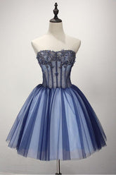 Ballkleid, trägerlos, kurz, Tüll, Homecoming-Kleid mit Perlenbesatz, PG139